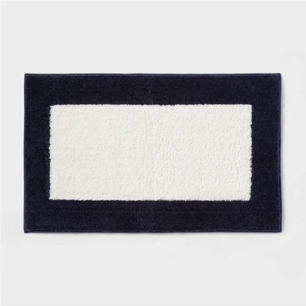 THRESHOLD NEW fluffy border memory foam bath rug -white/navy